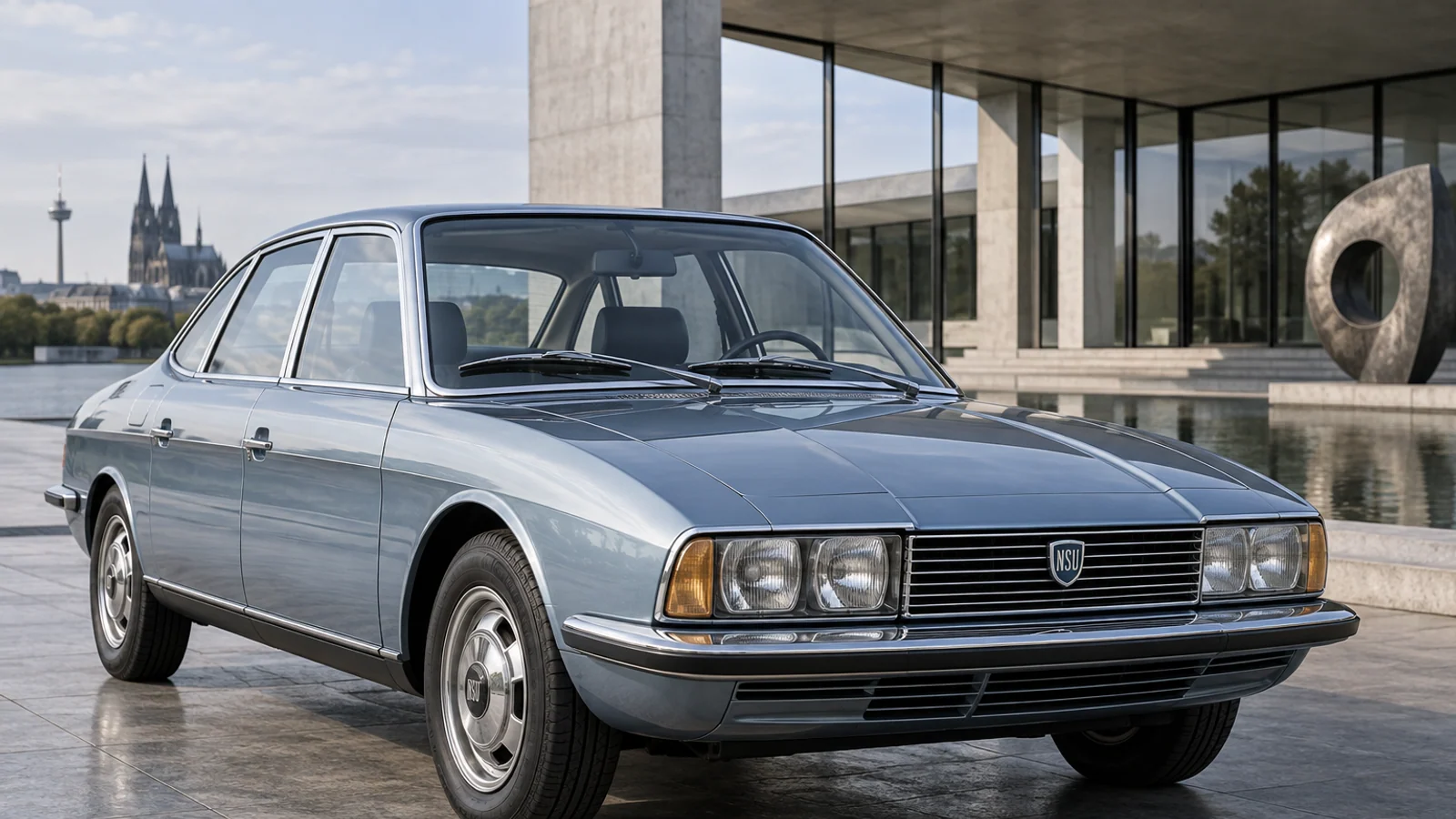 Серебристо-голубой NSU Ro 80 у современной архитектуры
