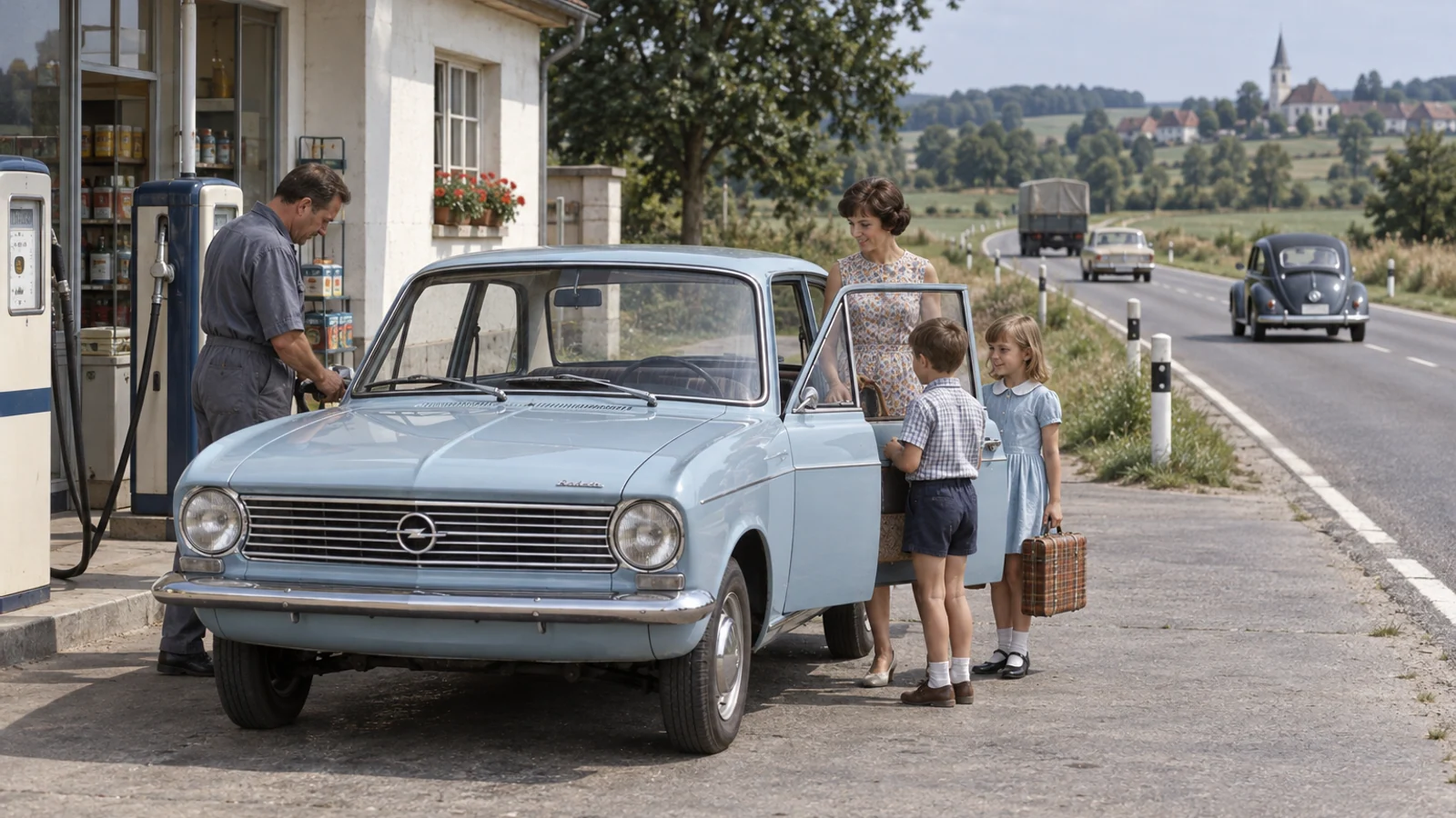 Семья рядом с Opel Kadett B на немецкой дороге