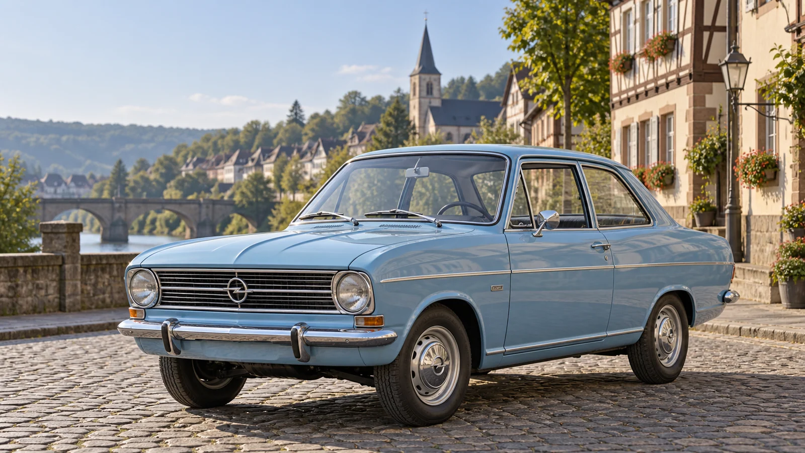 Голубой двухдверный Opel Kadett B
