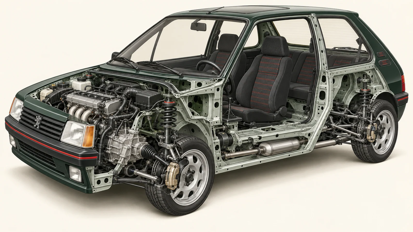 Компоновка двигателя и подвески Peugeot 205 GTI