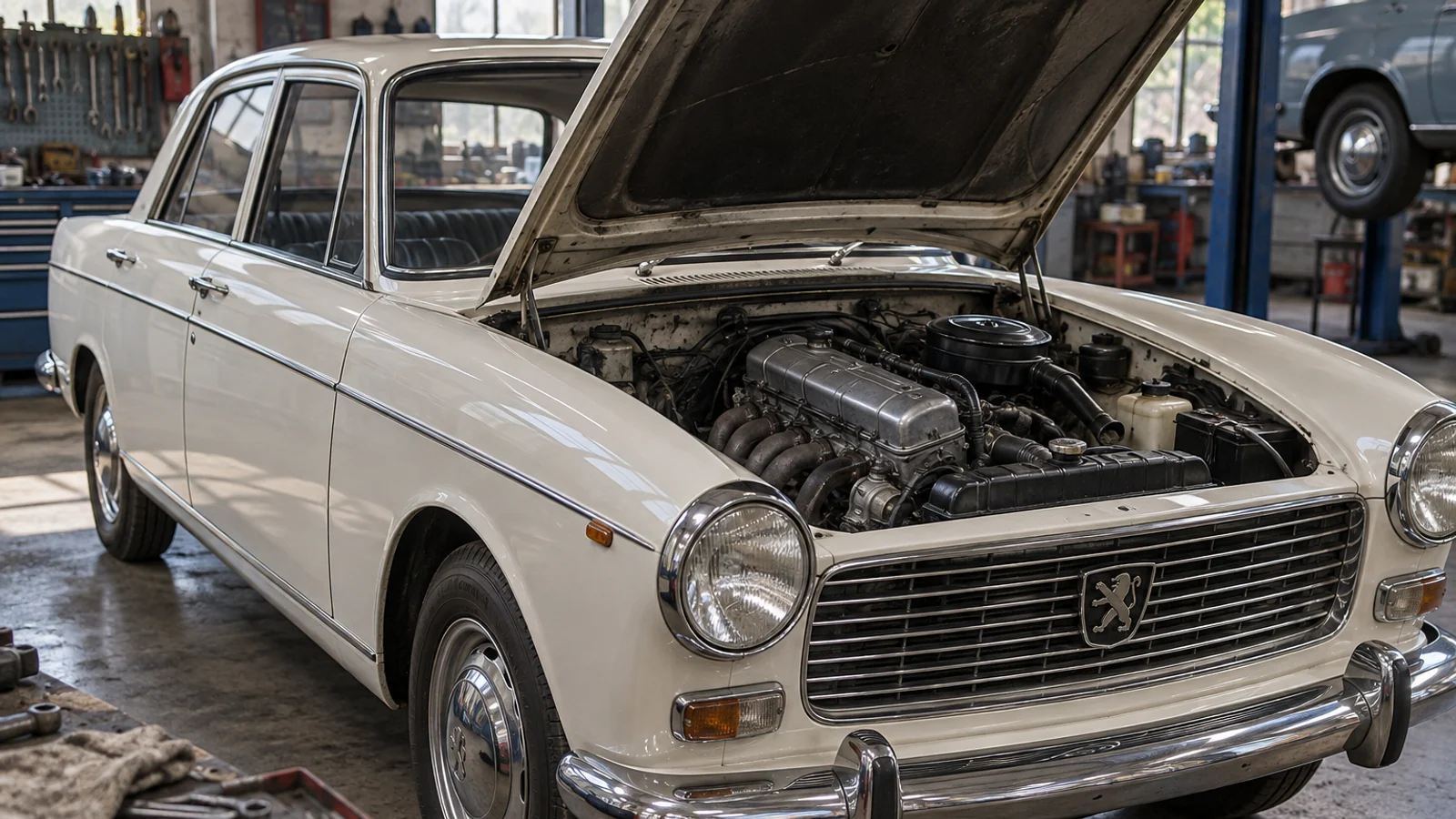 Наклонный двигатель и кузовная структура Peugeot 404