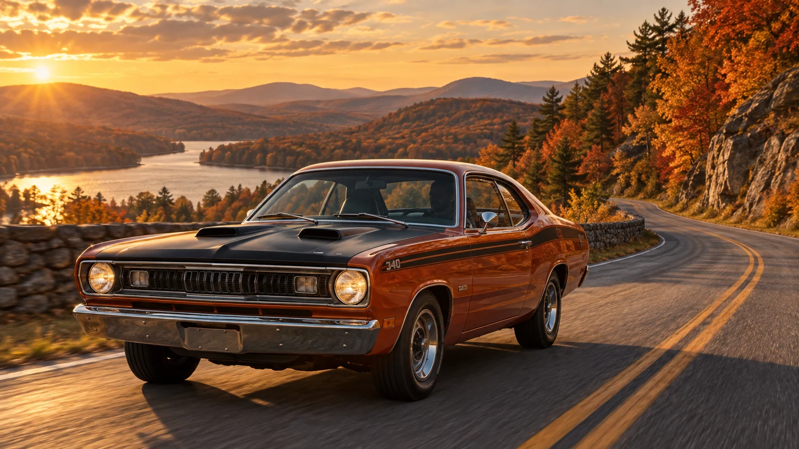 Plymouth Duster 340 на извилистой американской дороге