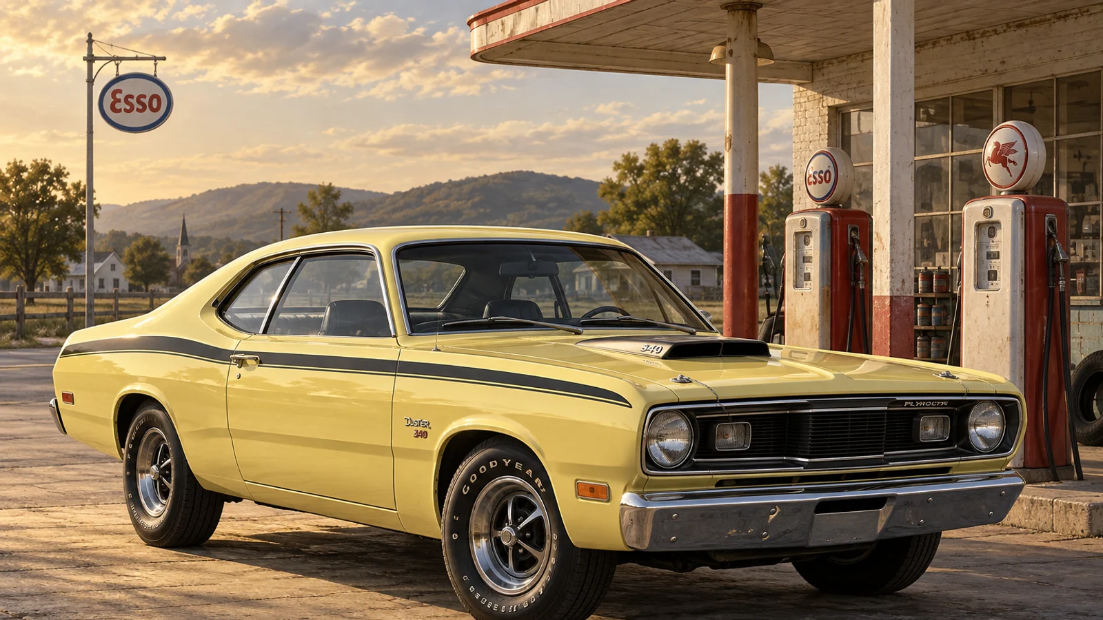 Жёлтый Plymouth Duster 340 1970 года у американской заправки