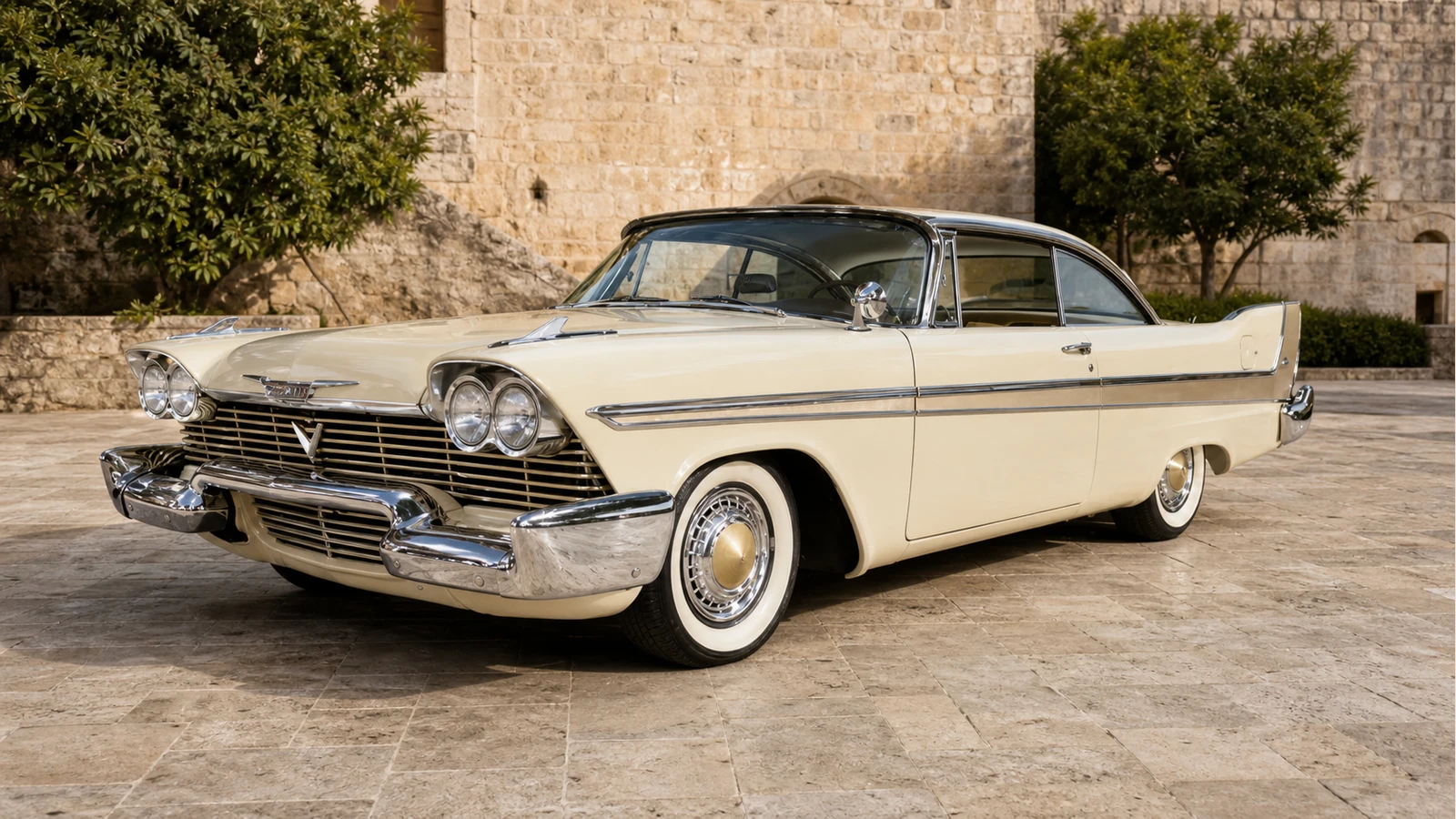 Plymouth Fury 1958 года в цвете Buckskin Beige — передний ракурс