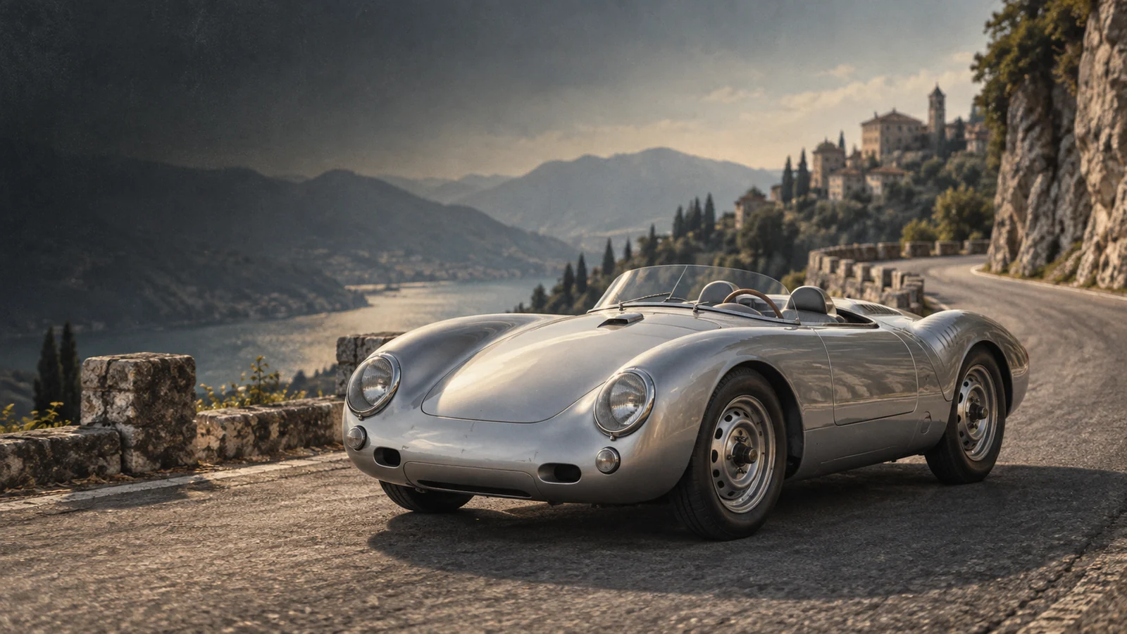 Серебристый Porsche 550 Spyder 1955 года на горной дороге