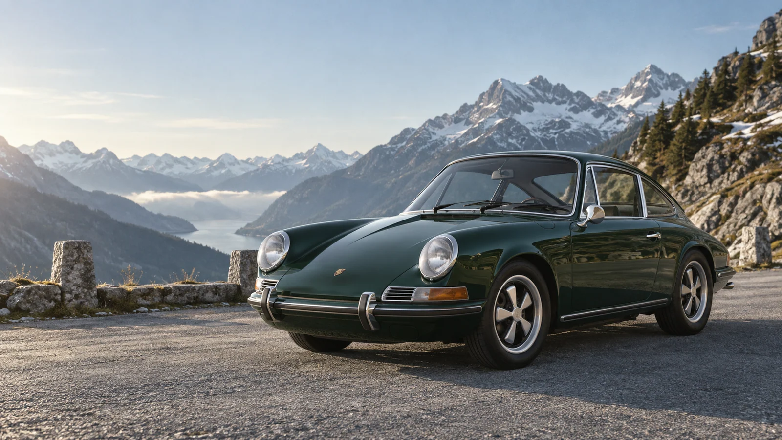 Тёмно-зелёный Porsche 911 S 1967 года на альпийском перевале