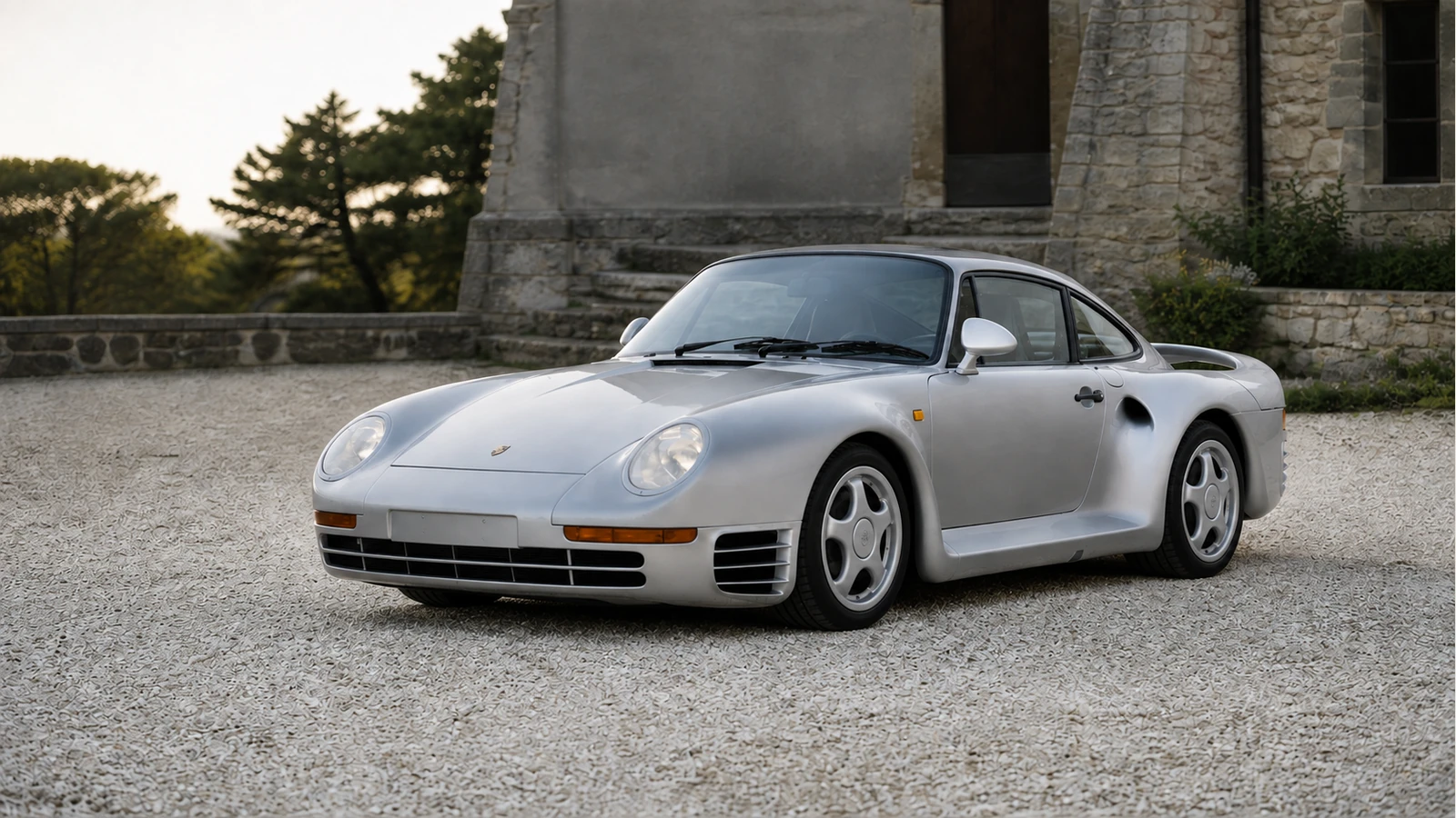 Серебристый дорожный Porsche 959 Komfort, вид спереди