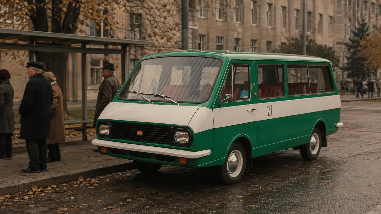 Зелёно-белый РАФ-2203 у городской остановки