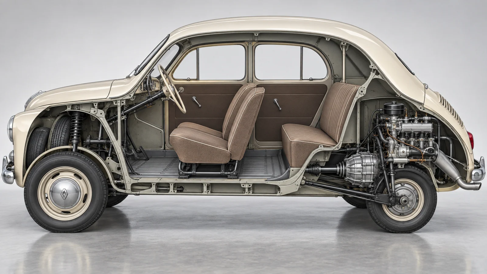 Заднее расположение двигателя и несущий кузов Renault 4CV