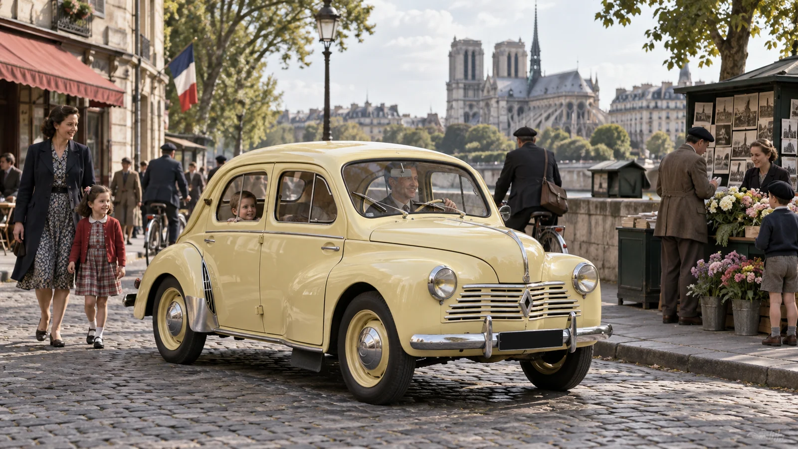 Жёлтый Renault 4CV ранних лет выпуска
