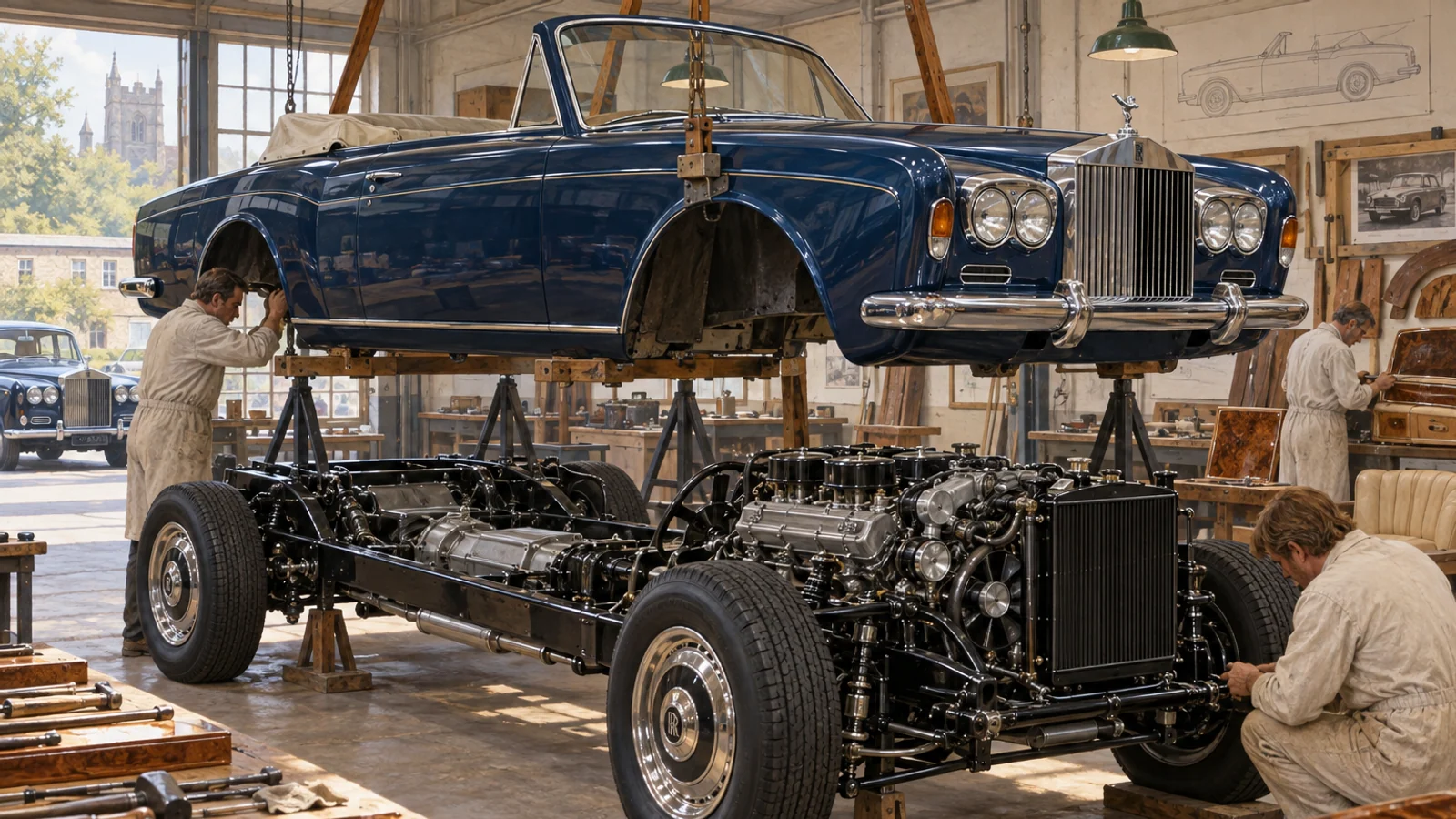 Кузов и двигатель V8 Rolls-Royce Corniche в мастерской