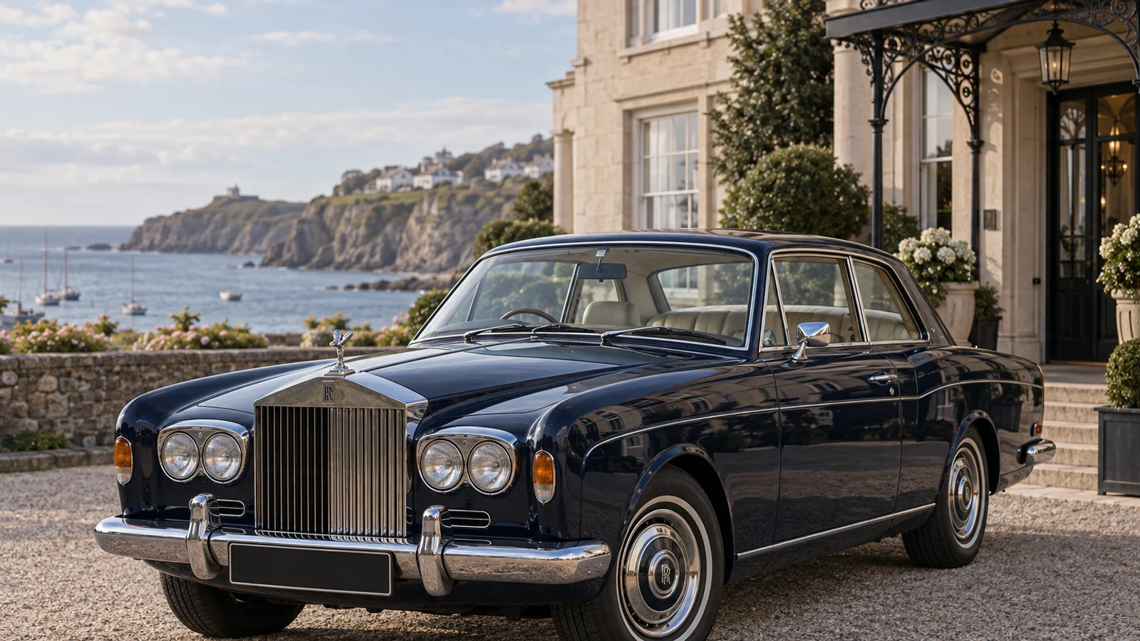 Тёмно-синий Rolls-Royce Corniche купе у английского отеля