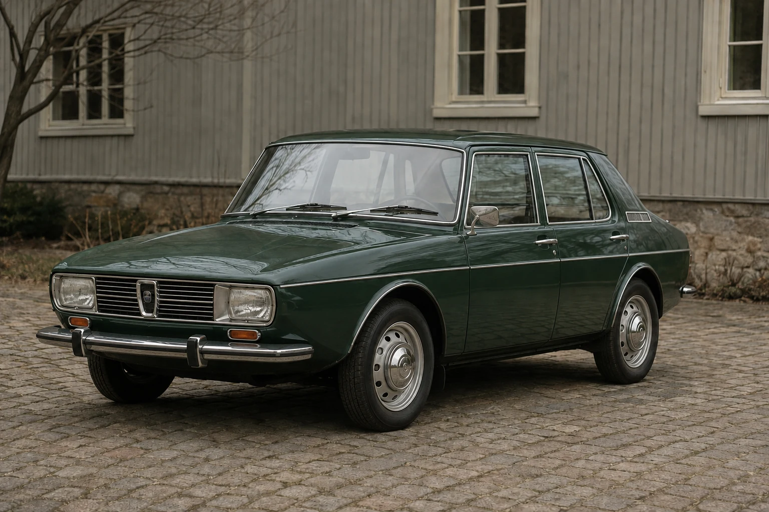 Ранний четырёхдверный Saab 99 с хромированными бамперами
