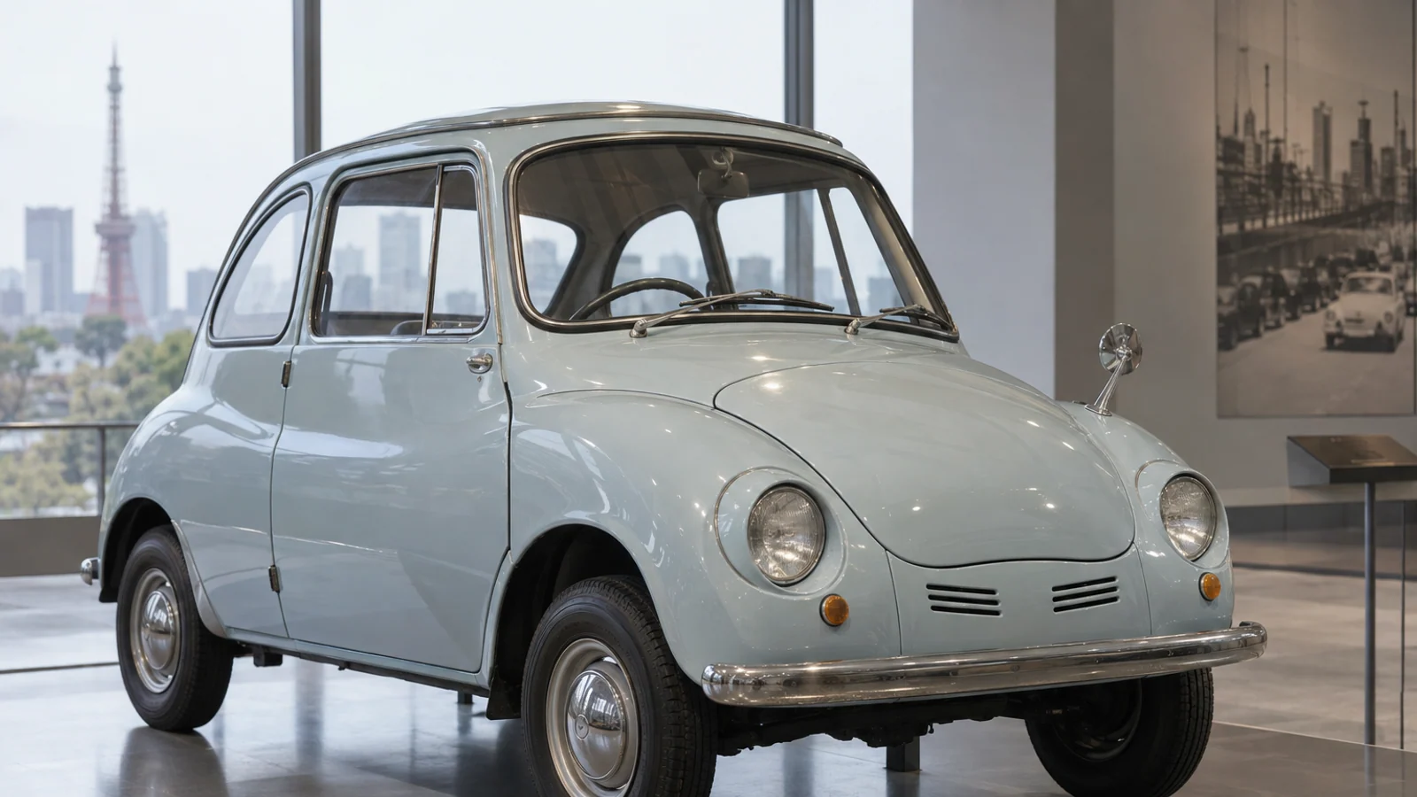Ранний Subaru 360 K111, современная музейная иллюстрация