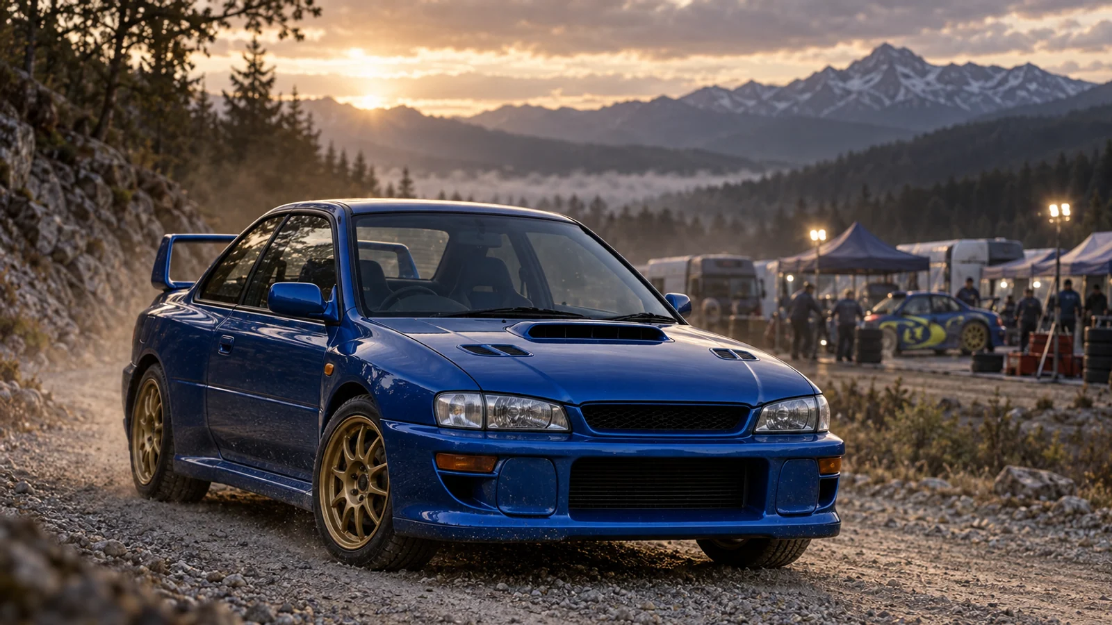 Subaru Impreza 22B STI рядом с сервисной зоной ралли