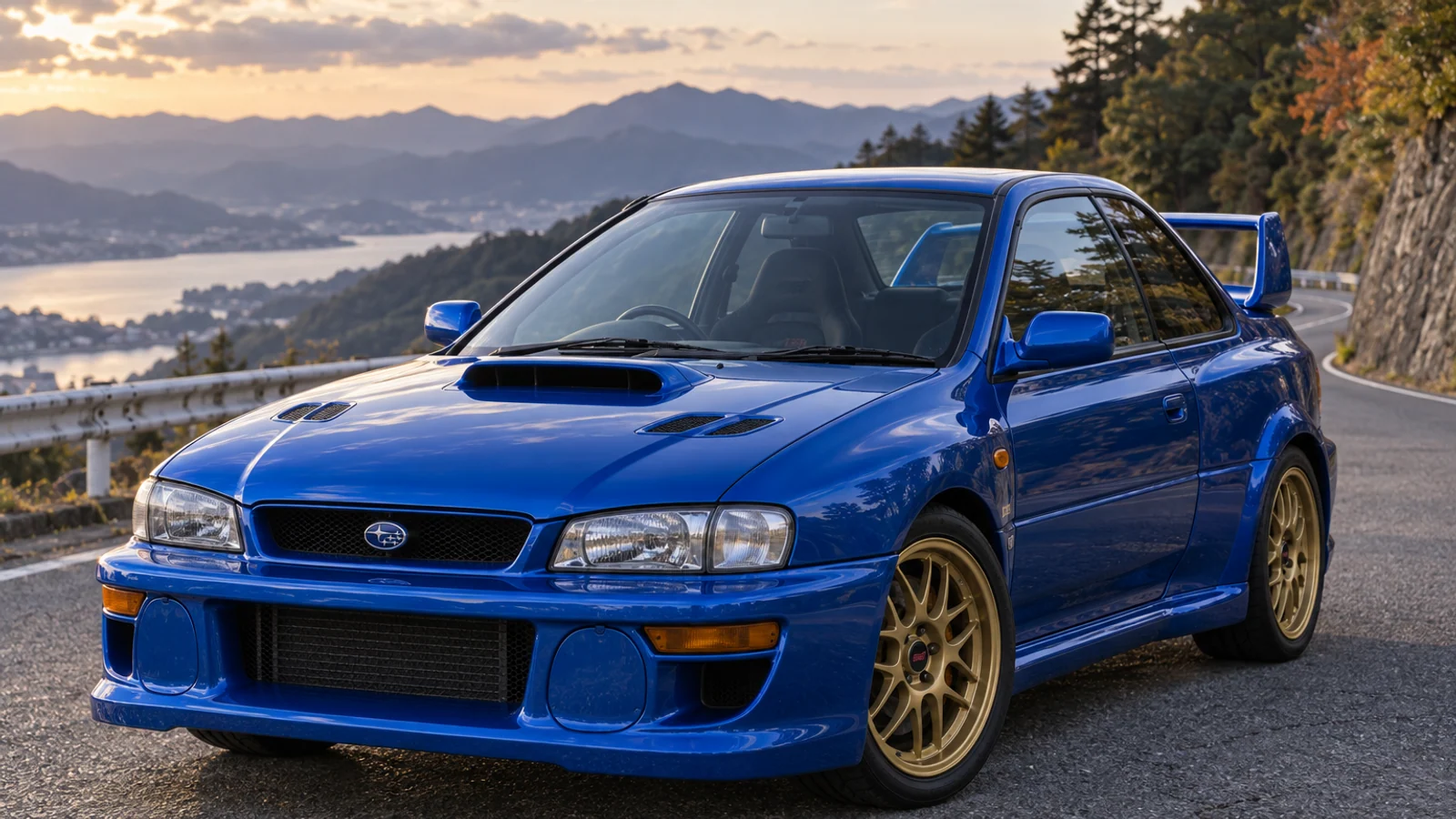 Синяя Subaru Impreza 22B STI 1998 года на горной дороге