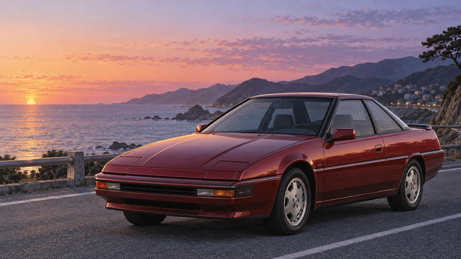 Красный Subaru XT 1987 года на прибрежной дороге