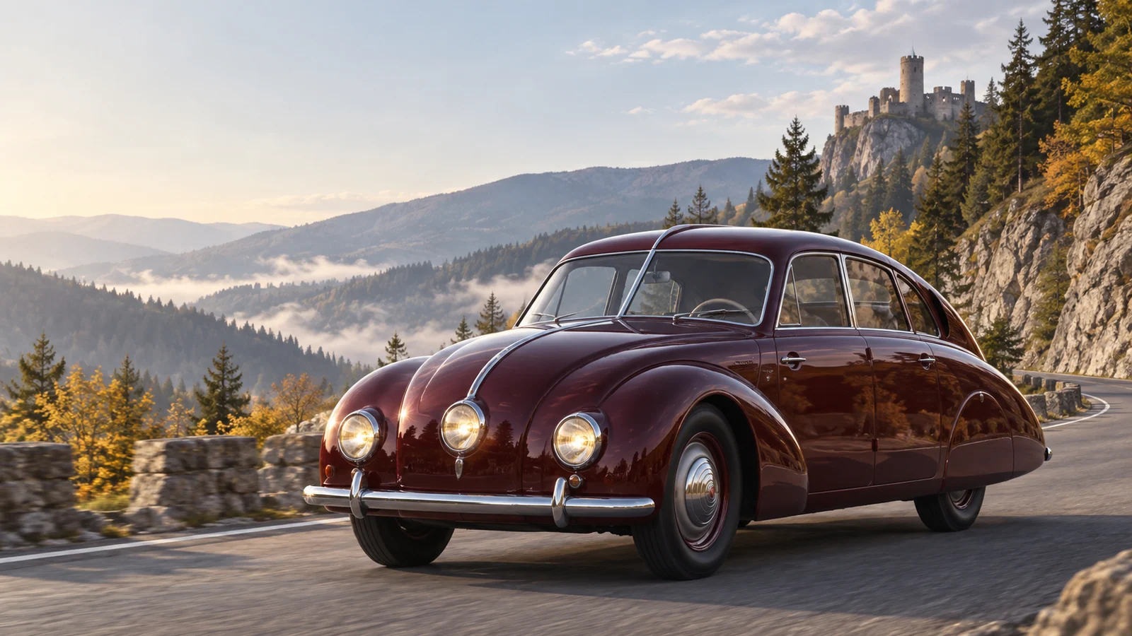 Бордовая Tatra 87 на горной дороге