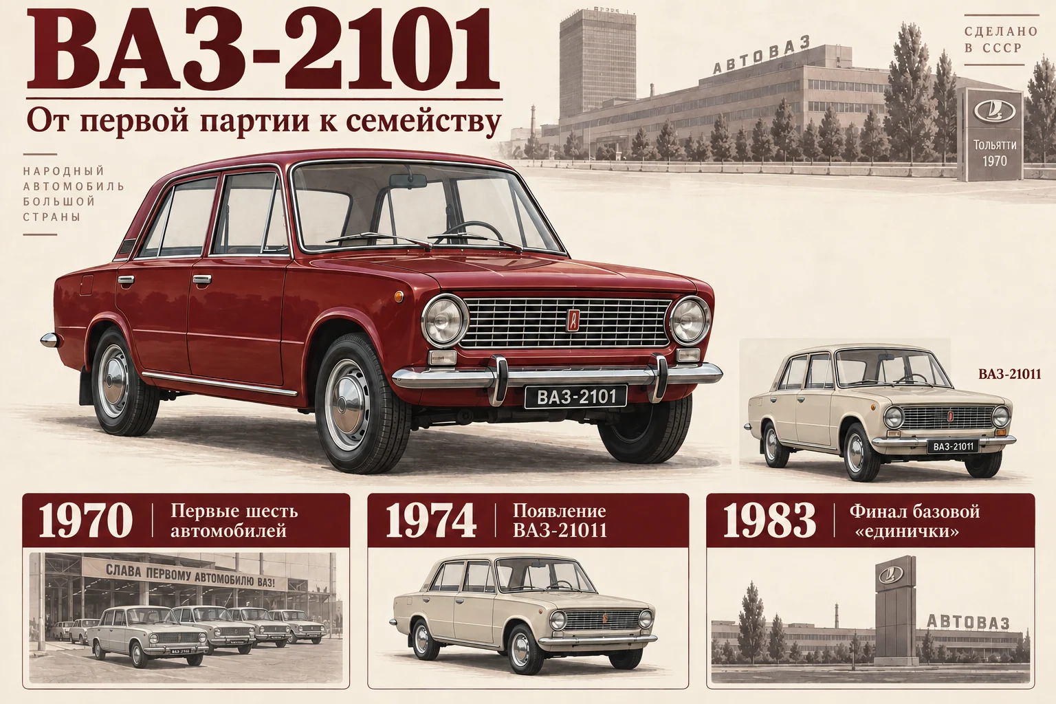 ВАЗ-2101: история «копейки», отличия от Fiat 124 и модификации: редакционная иллюстрация истории и особенностей модели
