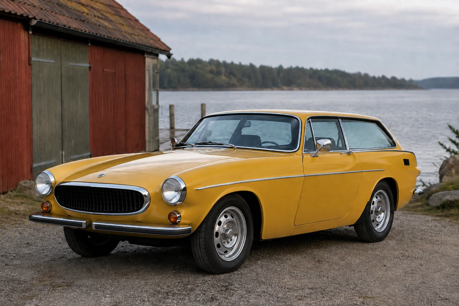 Жёлтый Volvo 1800ES 1972 года с удлинённой крышей, вид спереди