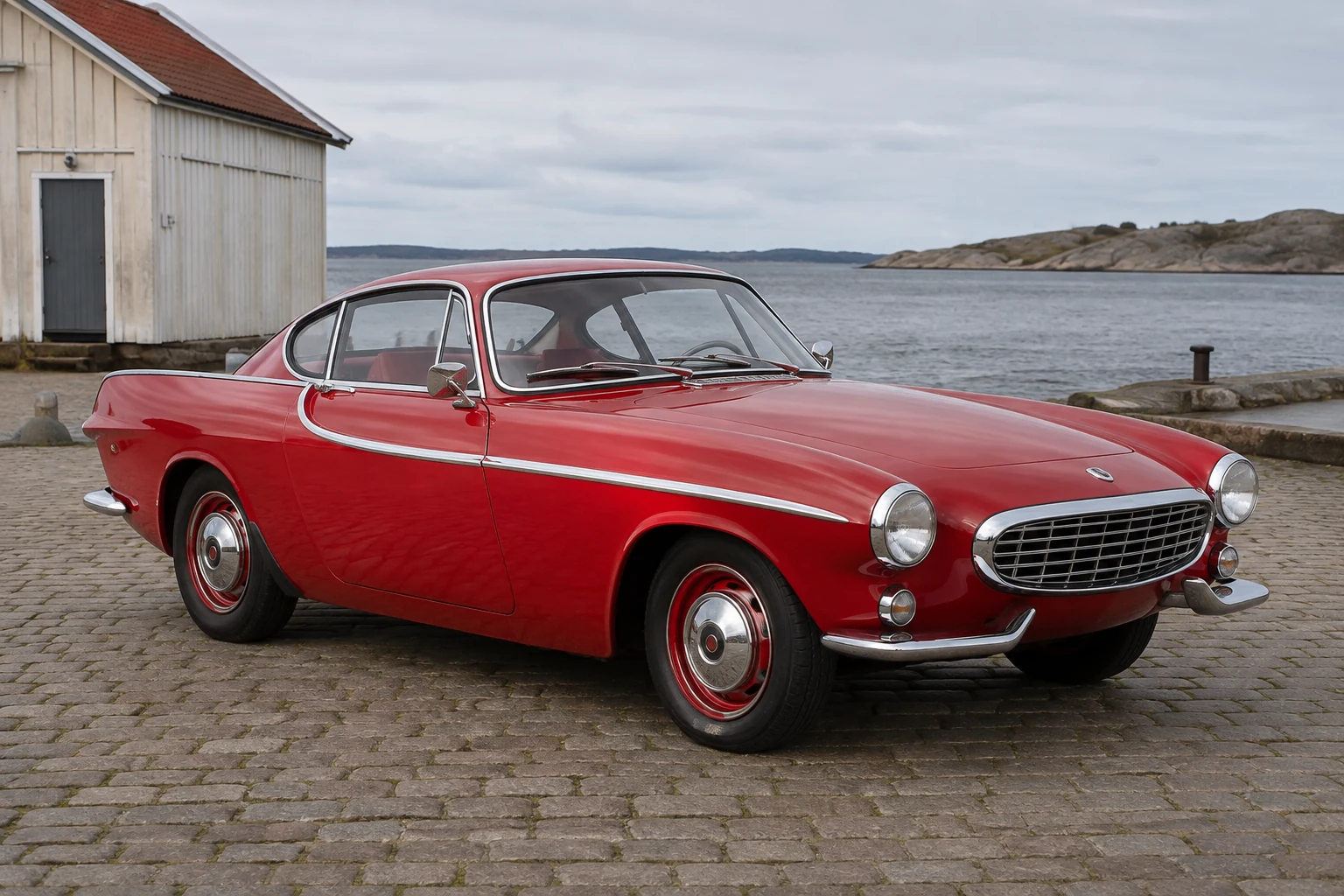 Ранний красный Volvo P1800 у скандинавской гавани