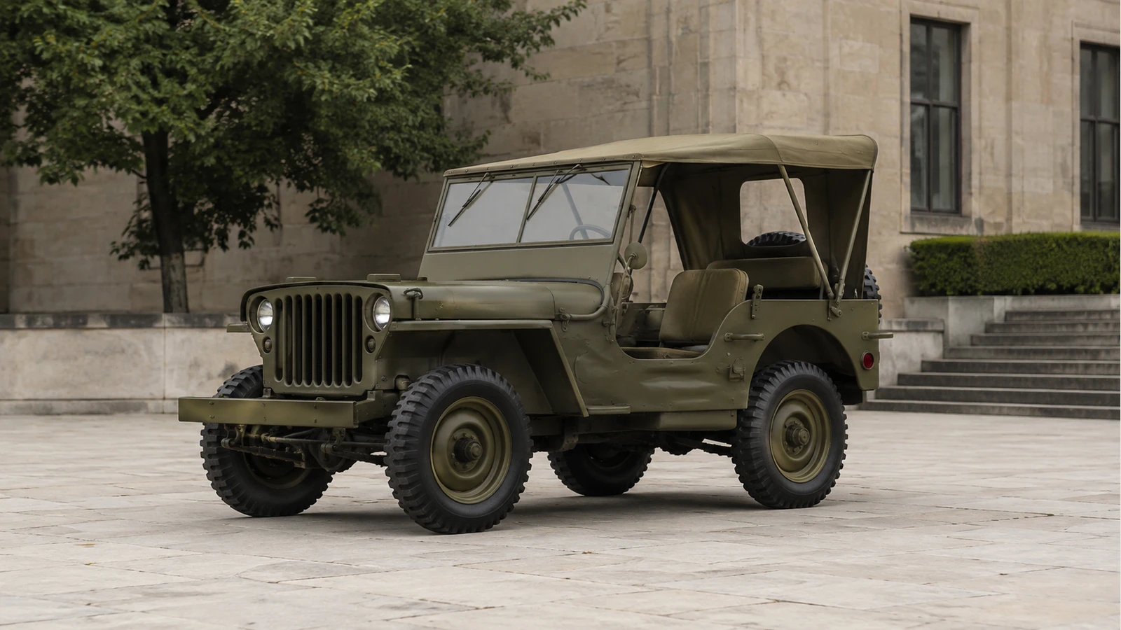 Willys MB 1943 года с поднятым брезентовым тентом, вид спереди