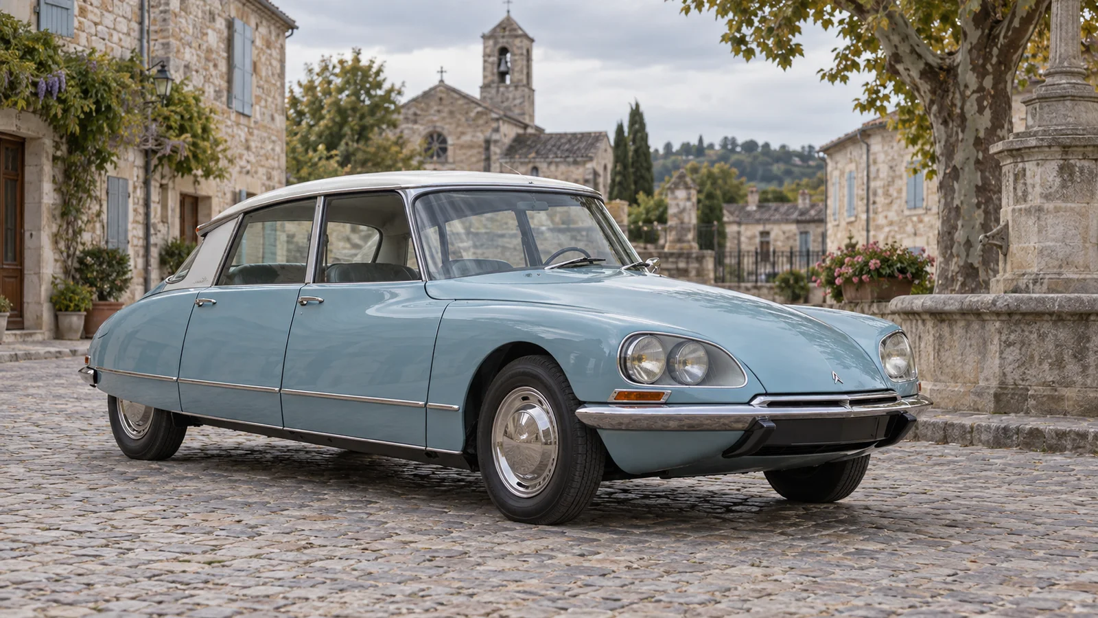 Citroën DS с четырьмя фарами под прозрачными колпаками.