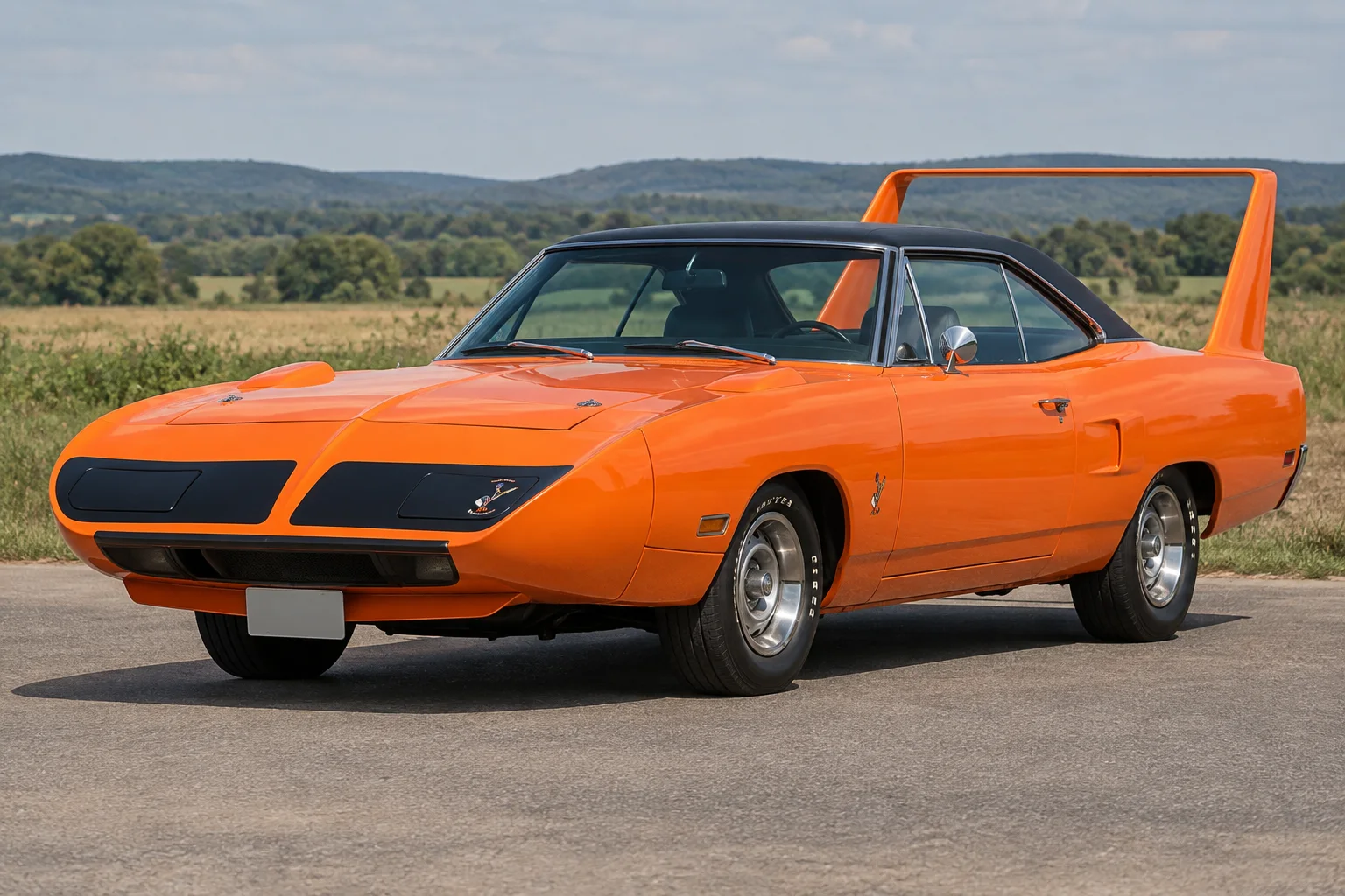 Дорожный Plymouth Superbird 1970 года с удлинённым носом и высоким крылом.
