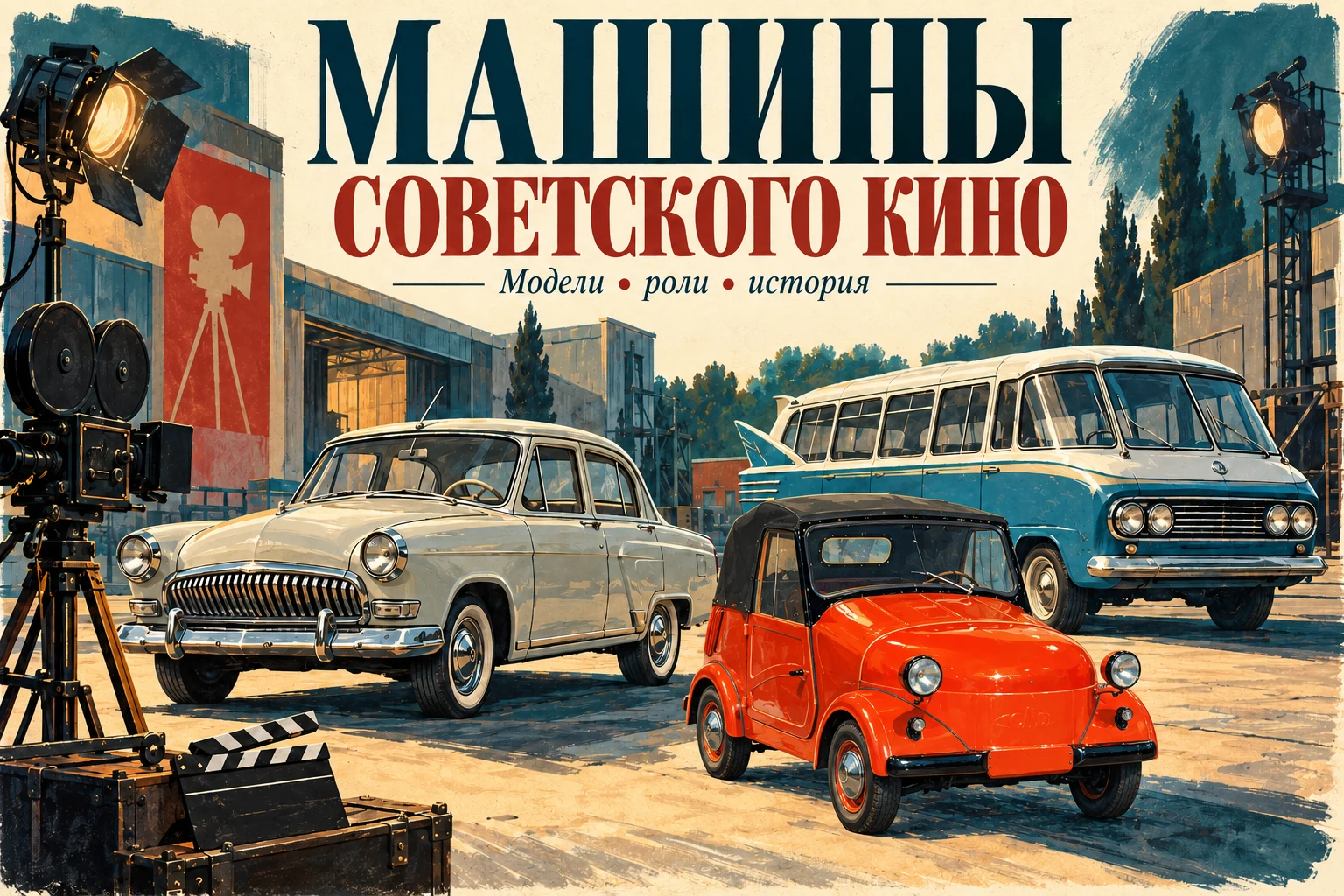 Редакционная иллюстрация автомобилей и кинокамеры в советской киностудии
