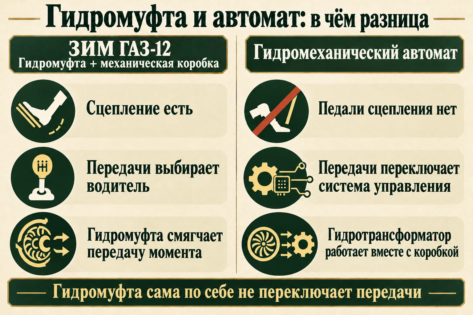 Гидромуфта ЗИМа и гидромеханический автомат: сравнение функций