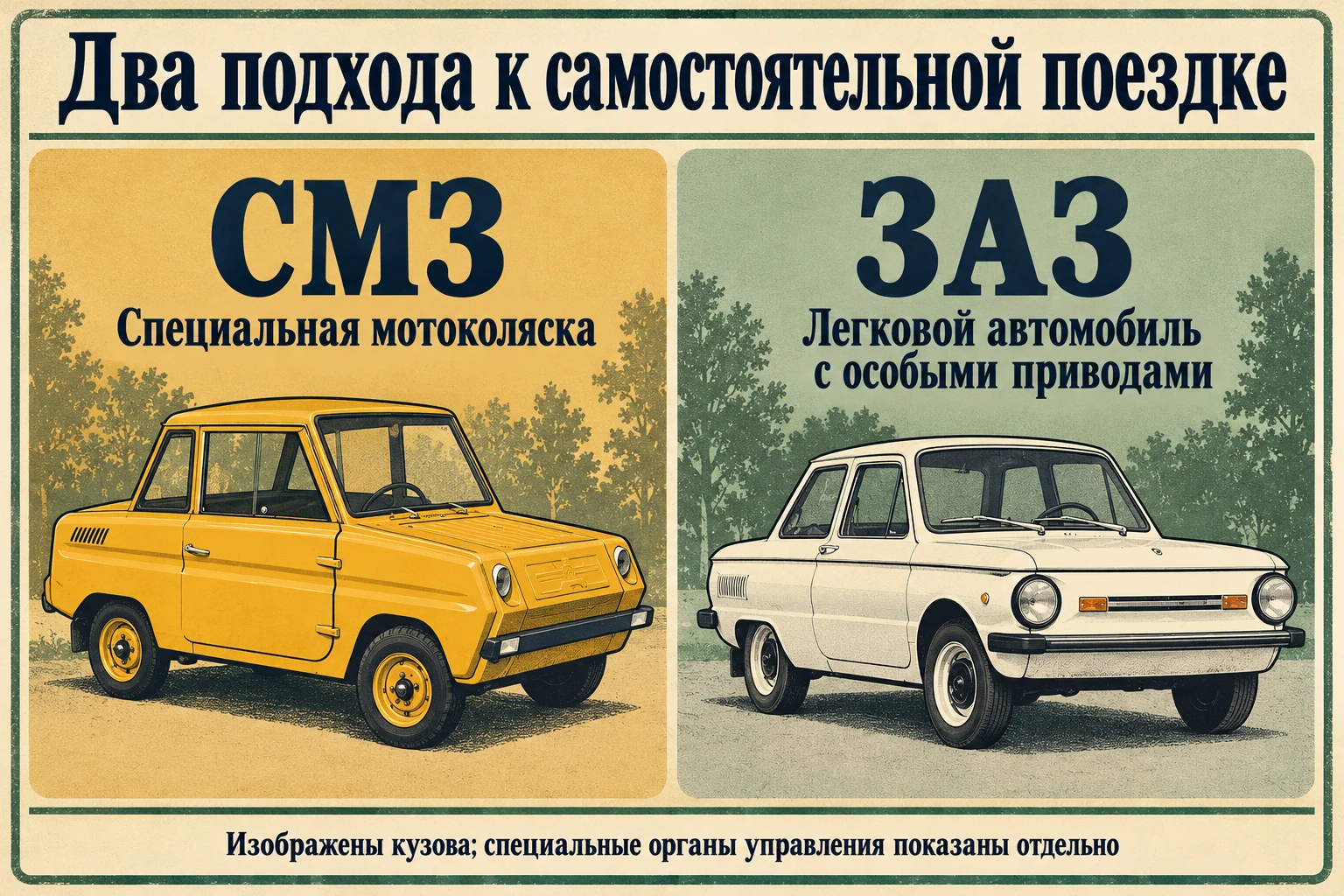 Два подхода: специальная мотоколяска СМЗ и адаптированный легковой ЗАЗ