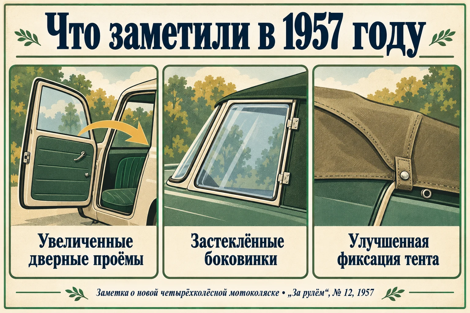 Проёмы, застеклённые боковинки и фиксация тента в заметке 1957 года