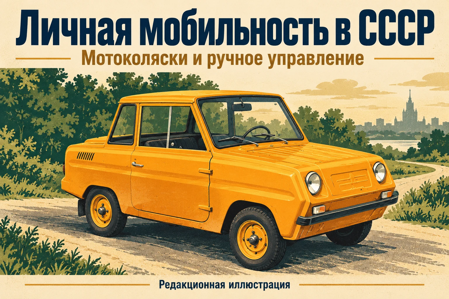 Рисованная мотоколяска СМЗ С3Д на условной дороге