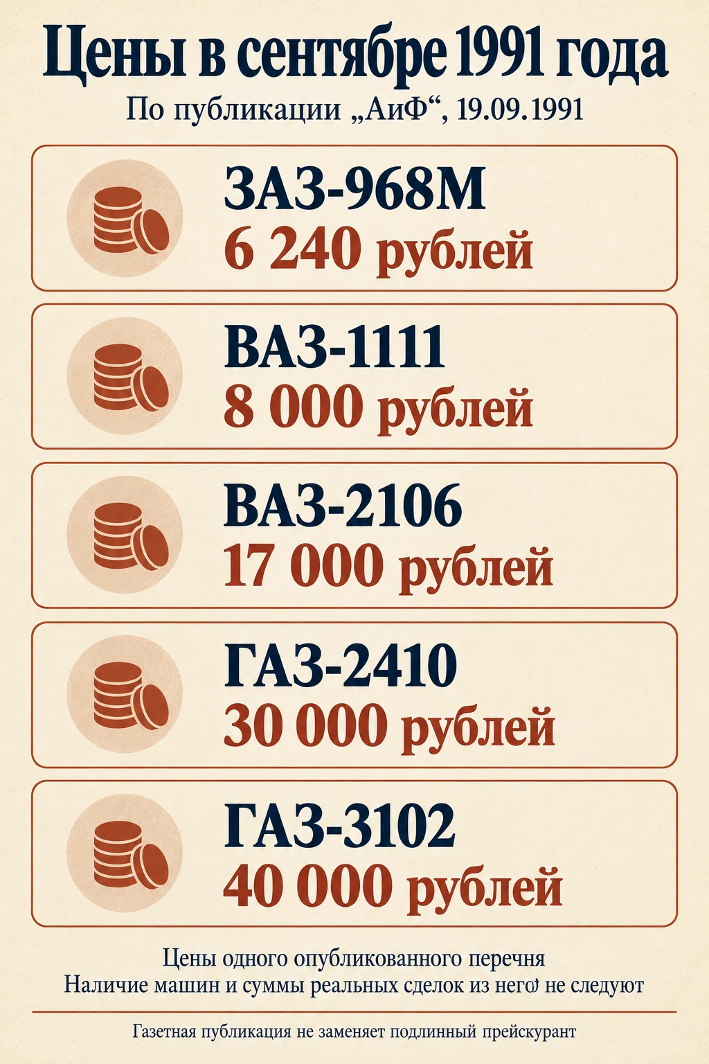 Пять цен из АиФ сентября 1991 года: 6240, 8000, 17000, 30000 и 40000 рублей