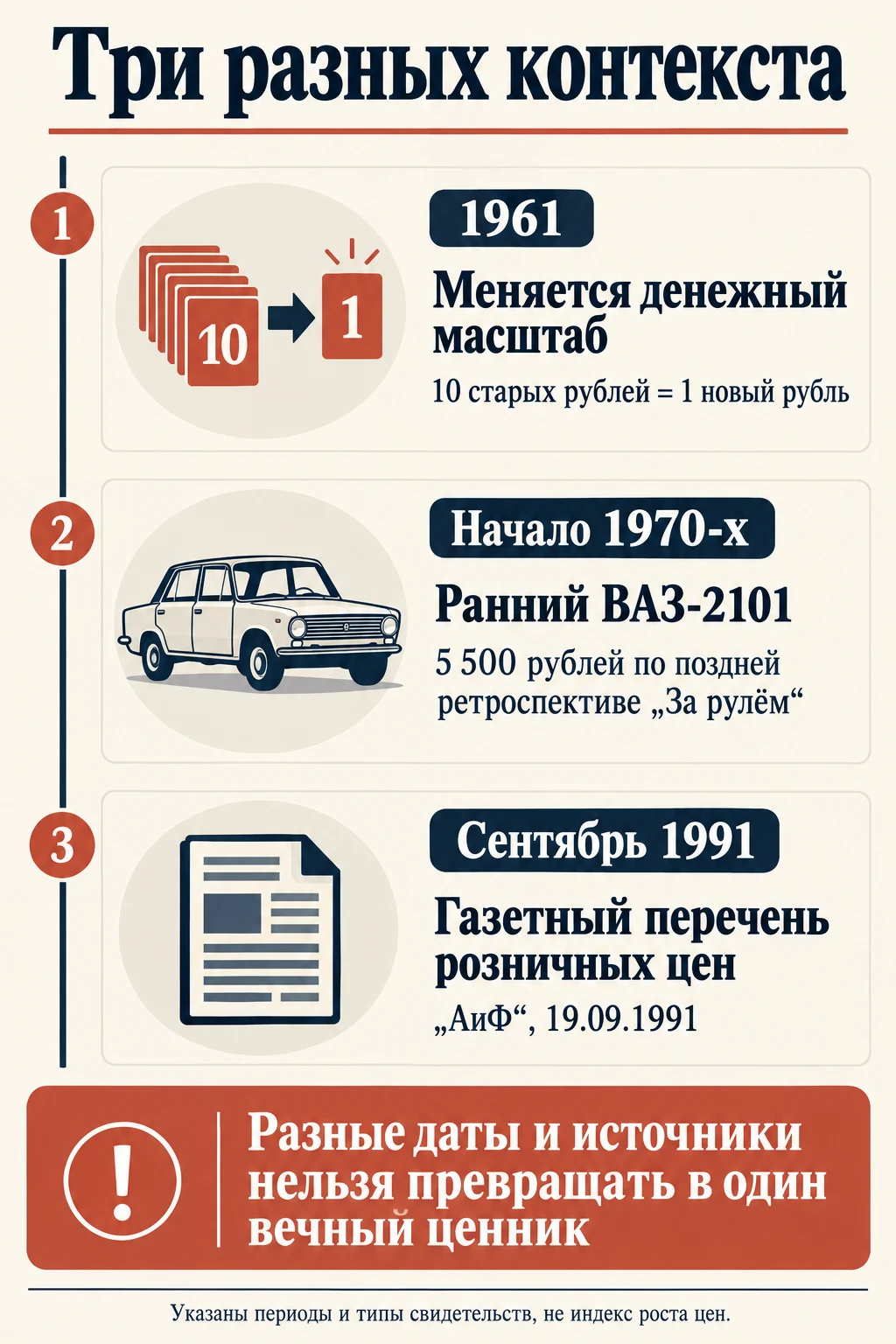Три контекста: денежный масштаб 1961 года, ранний ВАЗ-2101 и газета сентября 1991 года