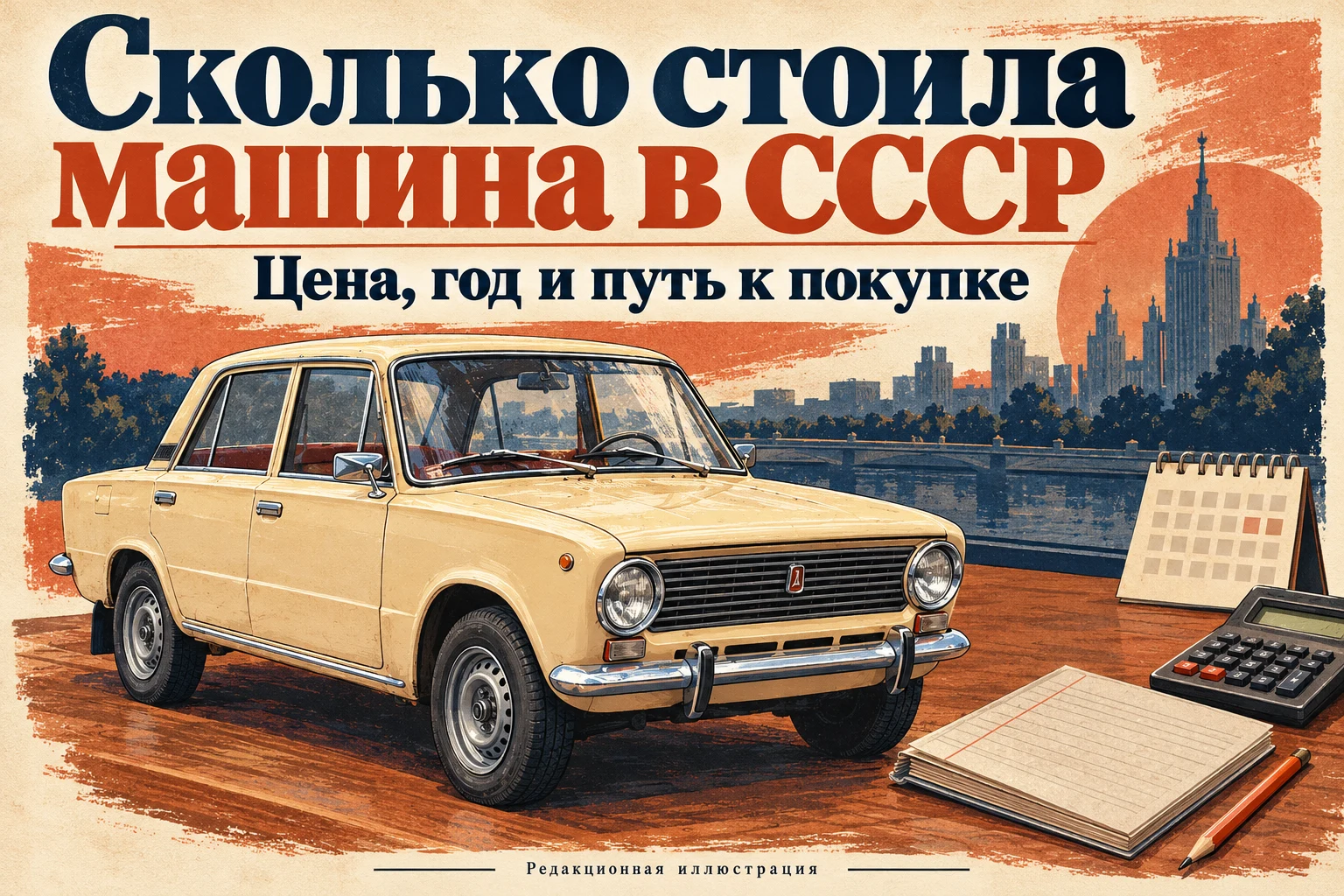 Рисованный ВАЗ-2101 рядом с тетрадью, карандашом и калькулятором