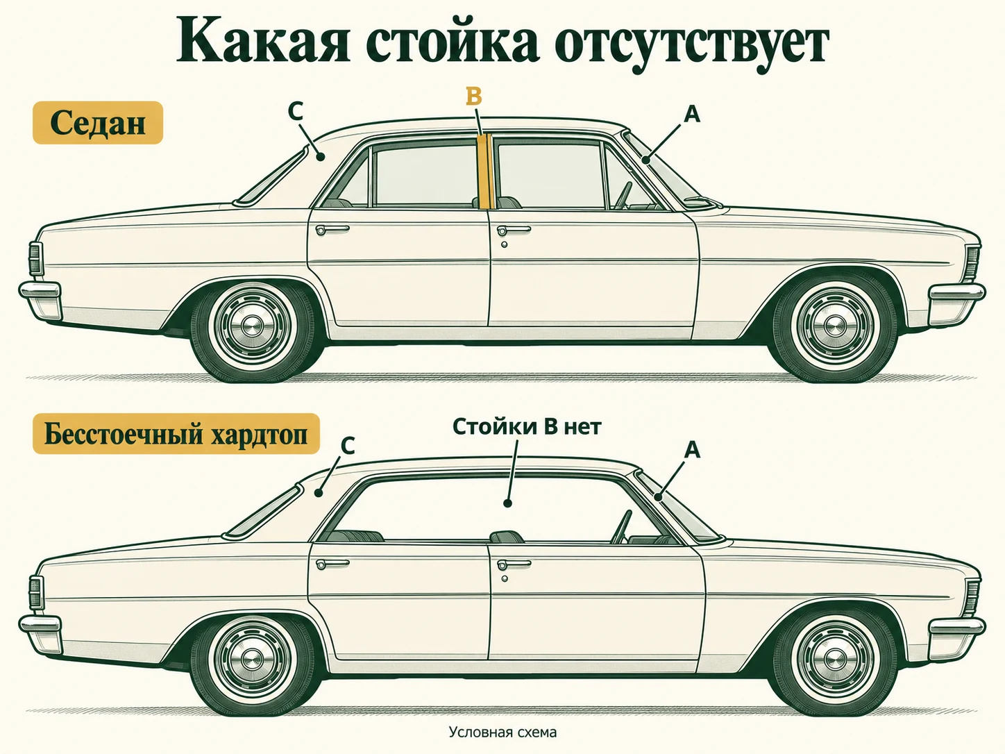 Средняя стойка B у седана и общий боковой проём бесстоечного хардтопа