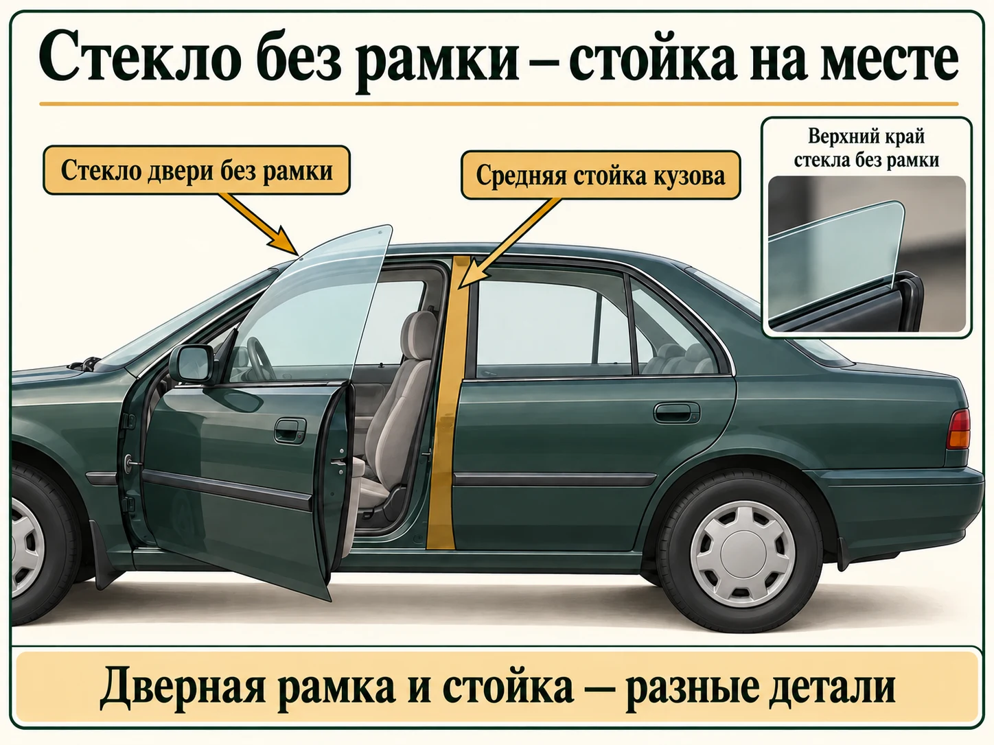 Открытая дверь с безрамочным стеклом рядом с отдельной средней стойкой кузова