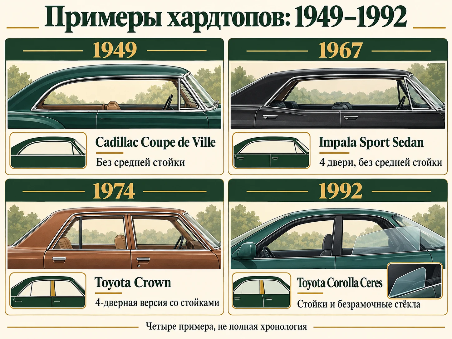 Четыре примера хардтопов Cadillac, Chevrolet и Toyota с 1949 по 1992 год
