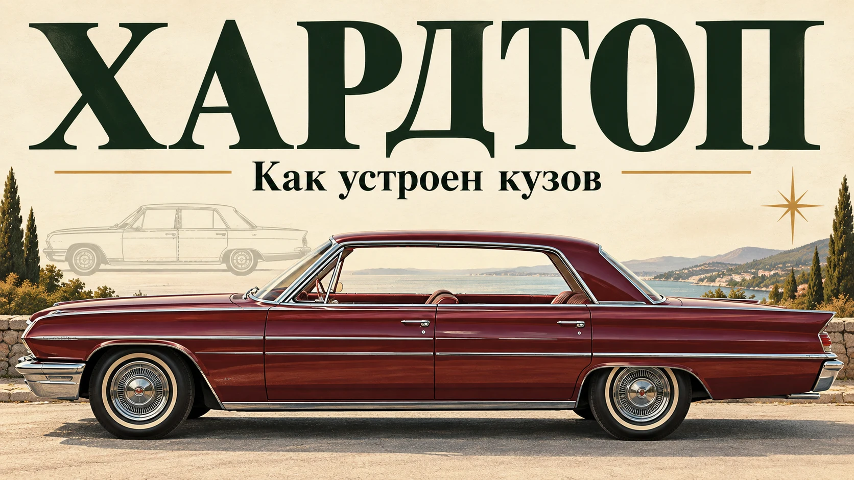 Условный четырёхдверный бесстоечный автомобиль на обложке