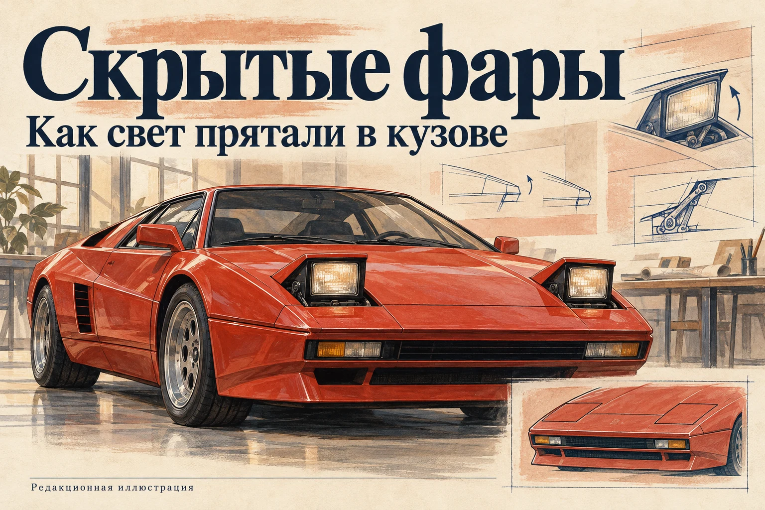 Условное клиновидное купе с поднятыми прямоугольными фарами