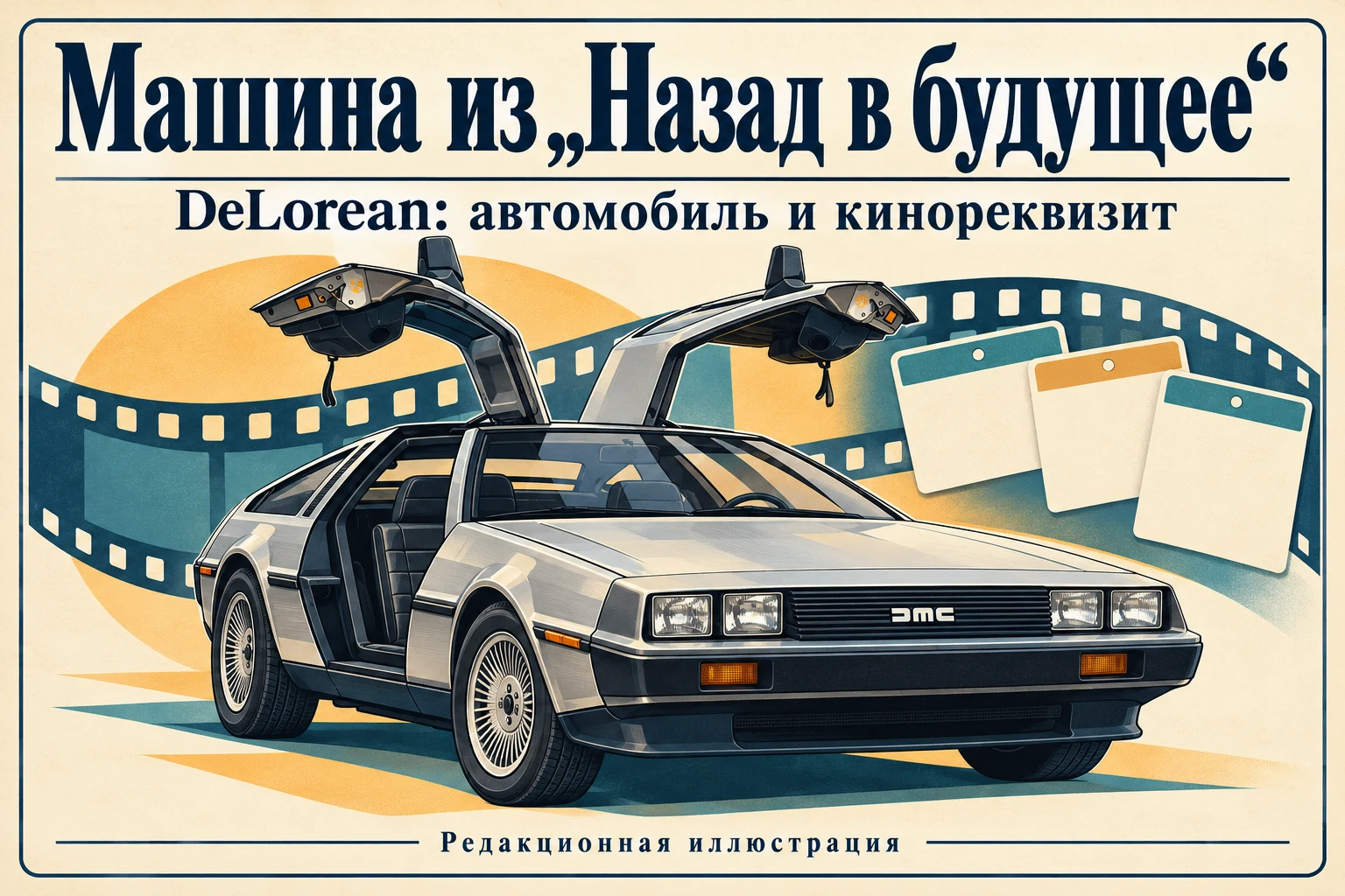 Рисованный серийный DeLorean DMC-12 с открытыми дверями рядом с условной киноплёнкой